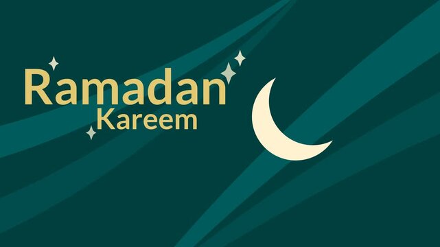 An animation of the text &ldquo;Ramadan Kareem&rdquo; with a crescent moon on an abstract teal background. Ramadan theme. Islamic celebration day. Islamic theme. Simple animation. Motion graphic.