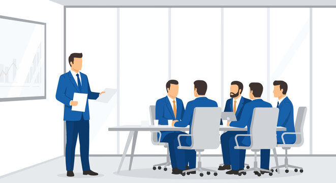 Business meeting in modern office with professional team in blue suits