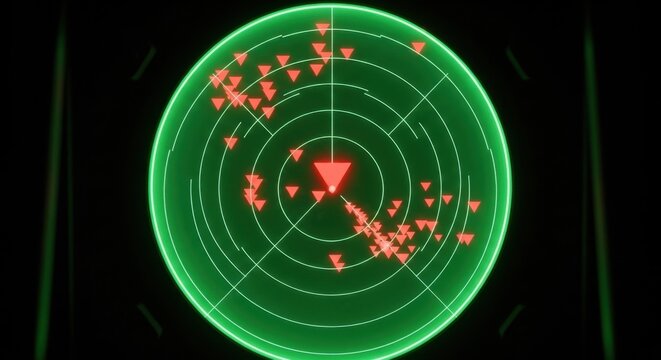 A green radar screen displaying multiple red triangle shaped objects on a black background display screen