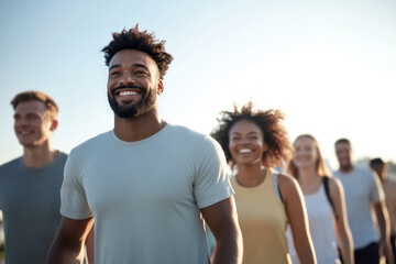 Diverse group of happy young adults confidently walking forward under sunny skies, sharing smiles and embodying themes of friendship, unity, and team success