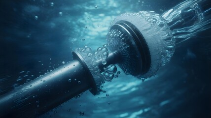 A cinematic close-up of water bubbles and turbulence generated by a submerged machine.