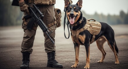 Soldier with rifle and a kelpie dog wearing tactical vest standing outdoors on a neutral background