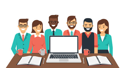 Diverse team collaboration around laptop in flat style