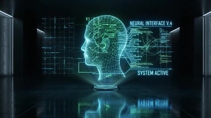 Digital head projection shows active neural interface technology.