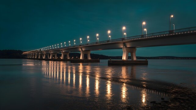 A night shot of a tidal barrage bridge lit up with LED lights, reflecting on the dark flowing water