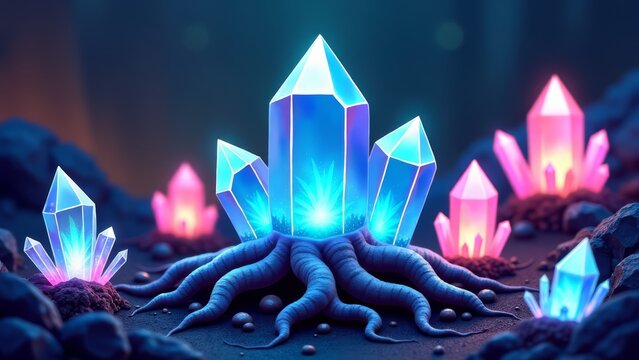 Bioluminescent crystals with root system in dark cave