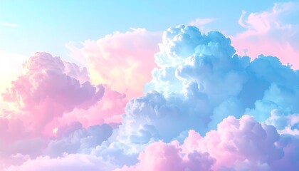 Dreamy pastel sky filled with fluffy pink and blue clouds, radiating a soft and ethereal glow