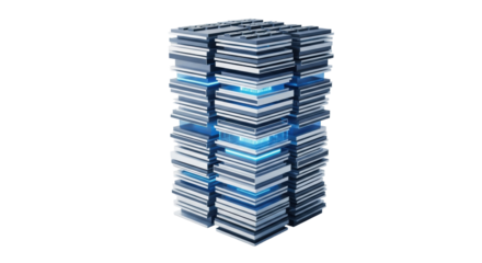 Meticulously organized stack of sleek, glowing abstract data modules crafted from frosted acrylic and polished metal on a transparent studio background, embodying technological advancement and data