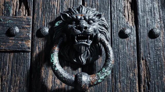 Cinematic close-up of ancient, weathered wooden castle door with lion knocker