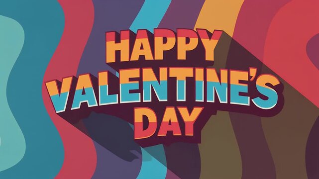 Vibrant retro-style greeting for Valentine's Day with colorful wavy background and playful shadowed typography, perfect for festive celebrations