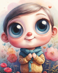 Charming character with expressive eyes and warm clothing, nestled among vibrant blossoms. Airy watercolor backdrop includes blank top-left area for subtle celebratory message.