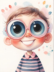 Whimsical child character with pink glasses and striped shirt. Colorful pastel background with blank space in top corner for thin print text.