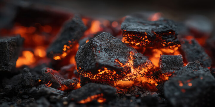 Burning hot charcoal embers glowing with intense orange heat in dark fire pit. - Powered by Adobe