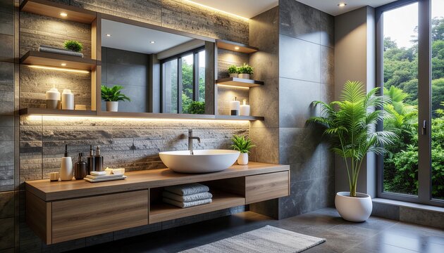 A contemporary bathroom design concept showcasing luxurious natural materials, ambient lighting, and lush greenery, creating a serene, spa-like environment for modern home living - Powered by Adobe