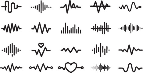 Podcast sound waves. Audio waveforms line icons, sound wave frequency or voice microphone signals. Music, podcast and broadcast, UI and audio branding design. Isolated vector set