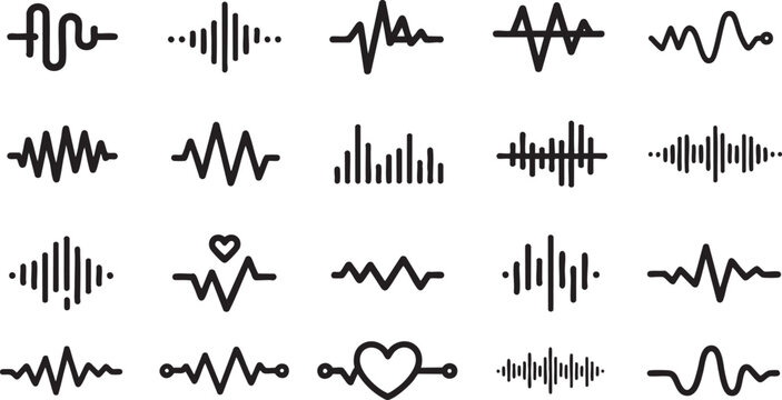 Podcast sound waves. Audio waveforms line icons, sound wave frequency or voice microphone signals. Music, podcast and broadcast, UI and audio branding design. Isolated vector set