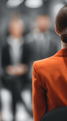 Woman in Vibrant Suit: An elegant woman in a striking orange suit commands attention from the back, her poise and confident posture hinting at her leadership presence. A blurred backdrop adds depth.