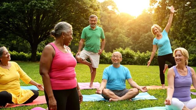 Happy multiethnic senior friends enjoying an outdoor yoga class together in nature during a sunny day