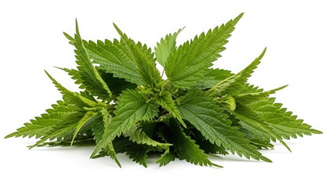 A fresh bunch of vibrant green stinging nettle leaves with serrated edges isolated on white background