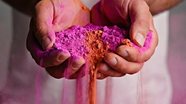 A high-contrast, dynamic close-up shot of cupped hands trickling festive and colorful vibrant pink and orange gulal powder against a bright, neutral background.