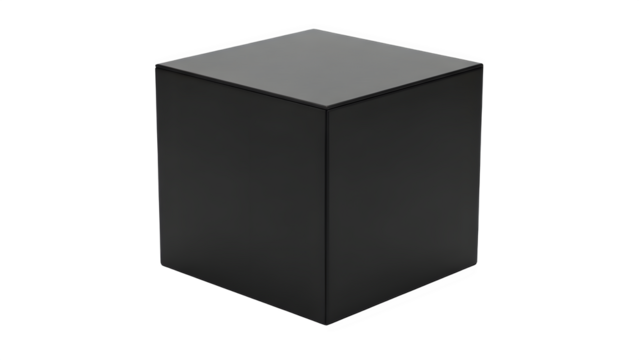 A minimalist black cube, perfect for product display or abstract design, isolated on transparent background