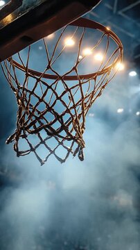 A basketball net is lit up with lights and smoke. Concept of excitement and energy, as if the game is in full swing
