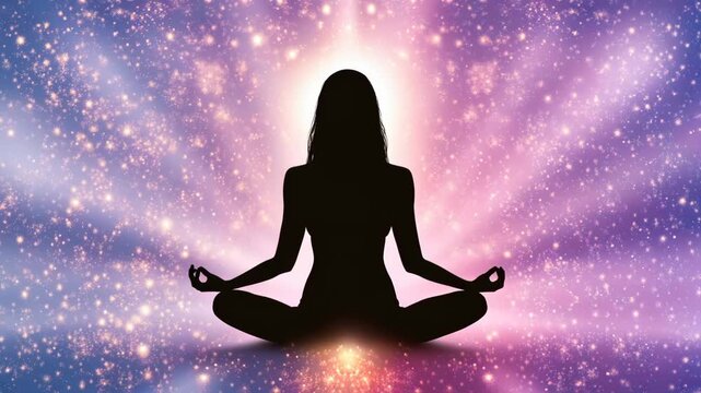 A woman is sitting in a lotus position in front of a colorful background. The background is filled with stars and has a rainbow effect. The woman is in a peaceful and meditative state