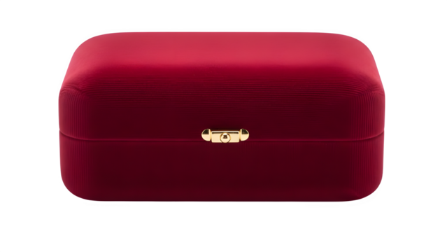 Red velvet jewelry box with golden clasp, elegant gift packaging isolated on transparent background
