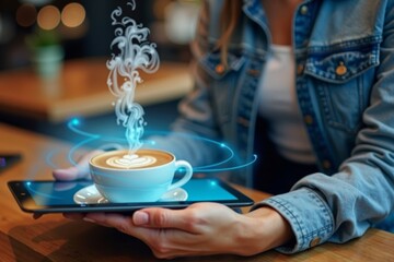 Woman Holds Digital Tablet with Holographic Display Over Steaming Coffee Cup.