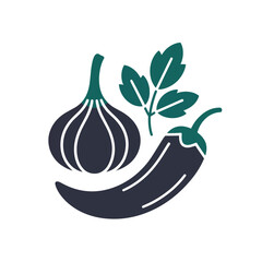 A stylized illustration of garlic, a chili pepper, and herbs symbolizes ingredients for cooking.