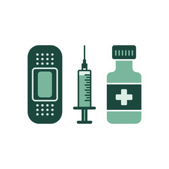 Obraz premium Medical supplies including a bandage, syringe, and vial are depicted in this illustration.