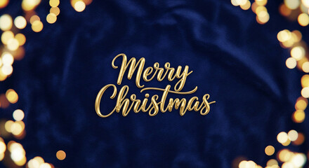 Navy textile background with blurred lights framing golden calligraphic text. Representing festive mood, Christmas celebration and joyous occasion.