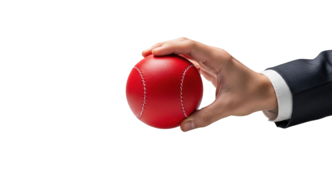 An ethnically ambiguous hand in a neutral corporate shirt cuff gently holds a vibrant red leather sphere with prominent white stitching, studio background, strategic planning concept
