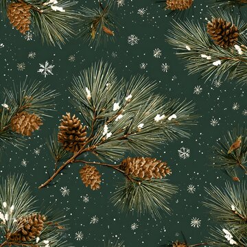 Christmas celebration concept with pine cones and needles on festive evergreen seamless pattern background.