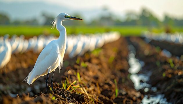 Elegant white heron stands tall amidst a ploughed field, soft sunrise light