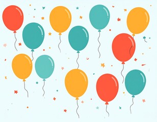 Festive balloons in orange, yellow, and turquoise scattered with confetti against a light blue background