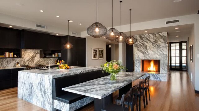 Modern luxury kitchen with island, seating, fireplace, pendant lights, and hardwood floor