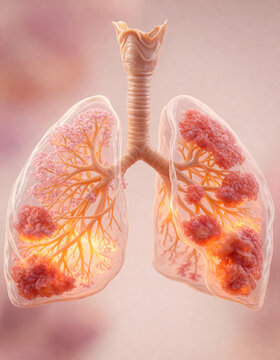A highly detailed 3D medical illustration of inflamed human lungs showing swollen alveoli, tissue damage, and bright internal inflammation, ideal for healthcare, disease awareness, and medical 