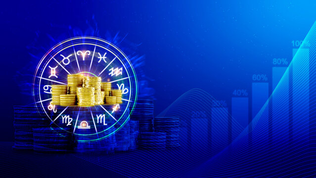 Horoscope with zodiac signs and money coins like astrology and money and astrology and wealth concept, Financial horoscope concept. - Powered by Adobe