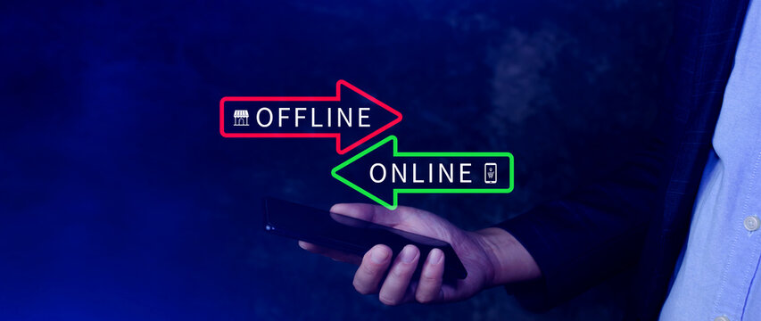 Online vs offline business sales or marketing strategy concept, Transition from offline to online in commerce business.