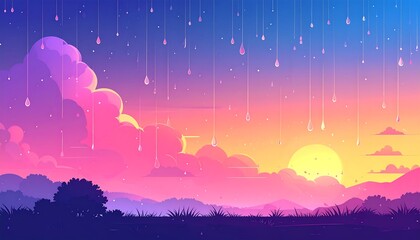 Dreamy sunset landscape vivid clouds, falling star trails over a serene meadow