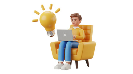 Creative man gets bright idea while coding on laptop in cozy chair, illustration