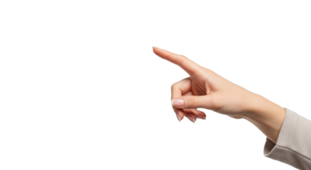 A young caucasian woman's manicured hand, index finger extended for precise digital interaction on a transparent studio background with copy space, concept of decisive action