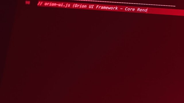 Real-time generated typing computer source code in closeup shot on monitor - white letters running on red background - concept of digitization, science, research and course of a program script