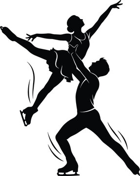 Black silhouette of figure skaters performing a lift figure skating, ice skating, silhouette, black and white, couple, dance, sport, performance, lift, athlete, motion, grace, elegance, dynamic, actio