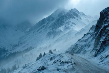 Icy mountain pass in winter storm