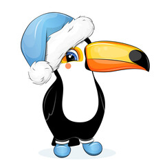 Fototapeta premium Cute cartoon Toucan with blue hat. Vector Illustration of animal on a white background.