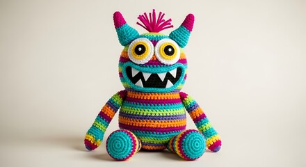 Colorful Striped Crochet Monster Toy with Horns and Big Eyes Keywords: crochet, monster, toy, stuffed animal, handmade, yarn, knitted, cute, funny, whimsical, character, creature, colorful