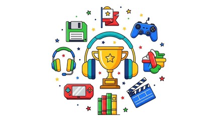 Circle of Gaming and Entertainment Icons Including Trophy, Controller, and Headphones video games
