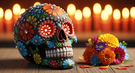 Ornate Sugar Skull Decorated with Flowers and Jewels Beside a Floral Arrangement calavera day of the dead